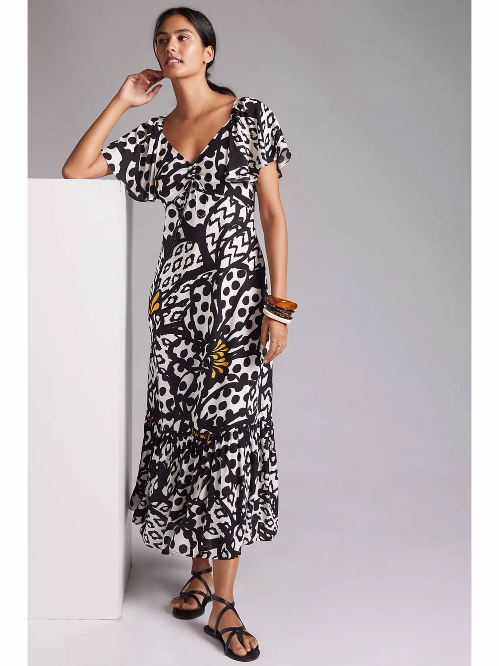 FARM Rio x Anthropologie Black White Flutter Sleeve Maxi Dress NWT M